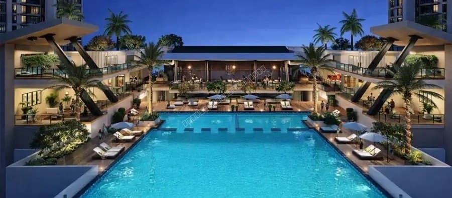 Large outdoor swimming pool lit up at night surrounded by lounge deck