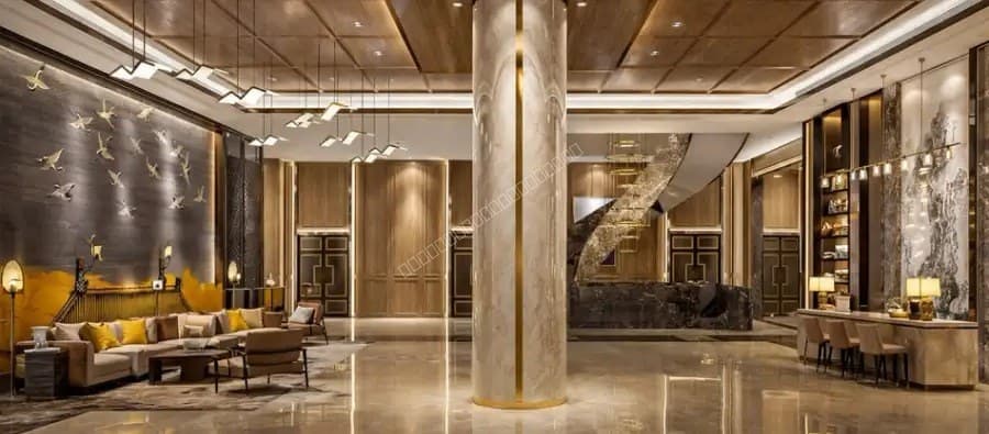 Grand luxury building entrance lobby with high ceiling and columns