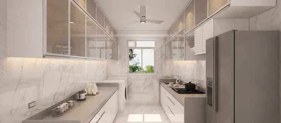 Modern parallel modular kitchen with white cabinets and window