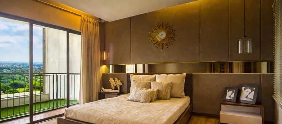 Luxurious bedroom with plush double bed and warm mood lighting