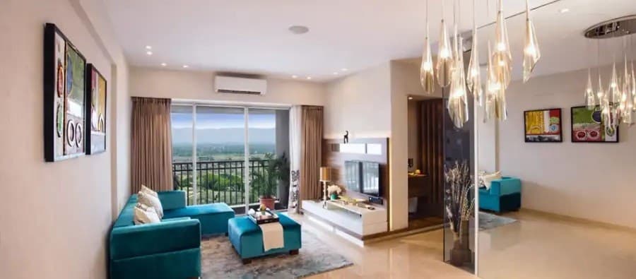 Elegantly furnished living room with sofa and dining setup