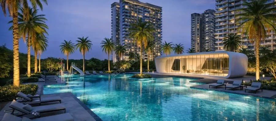 Luxury residential swimming pool with night lighting and high-rise towers