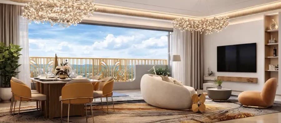 Spacious modern living room with large glass balcony door