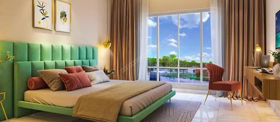 Modern bedroom interior with balcony view